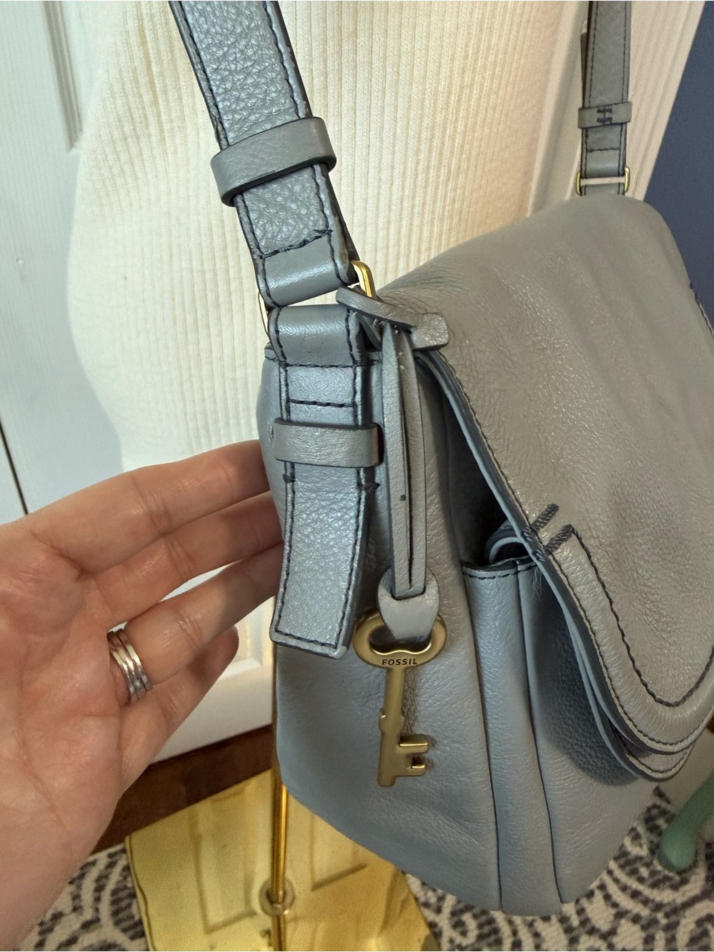 Fossil Peyton Double Flap Gray Leather Crossbody Shoulder Signature Key Charm - Picture 5 of 15